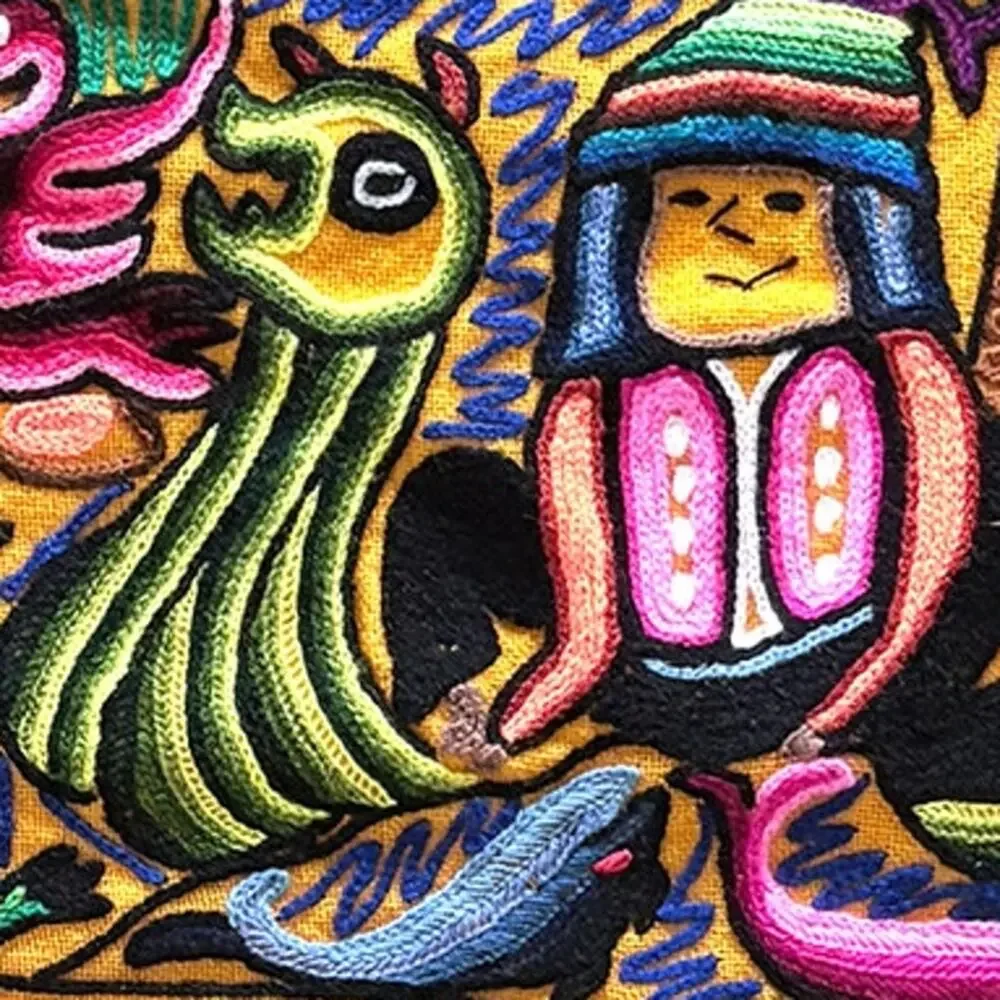 Hand Embroidered Peruvian Folk Art Tapestry 3 ft 2.5 in by 2 ft 1 in Looks New